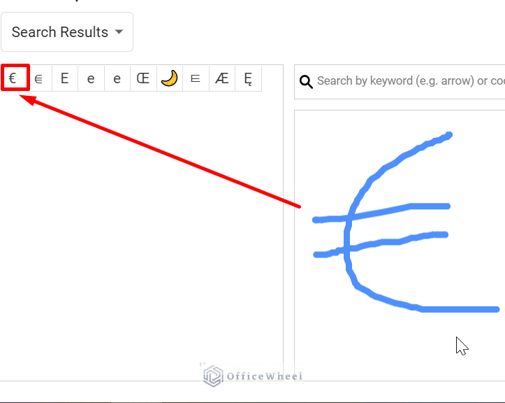 Use drawing tools to find euro symbol