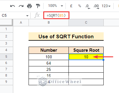 Square Root of a Number in Google Sheets