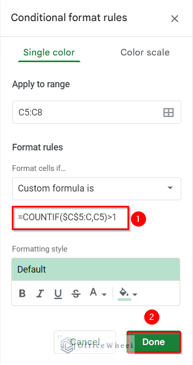 How to Set Custom Formula in Conditional Formatting to remove both duplicates in Google Sheets