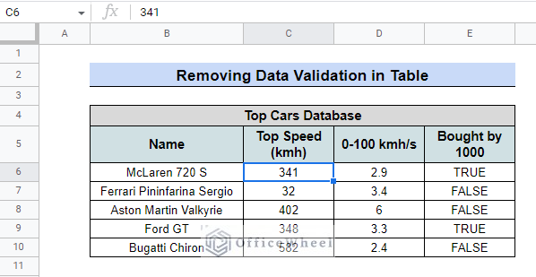 table structure after removing data validation in google sheets