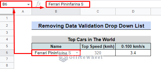 selecting drop down list in order to remove data validation
