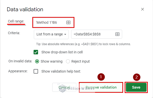 data validation window to remove data validation
