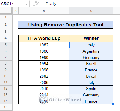 Using Remove Duplicates Tool to Remove Duplicates in a Column in Google Sheets