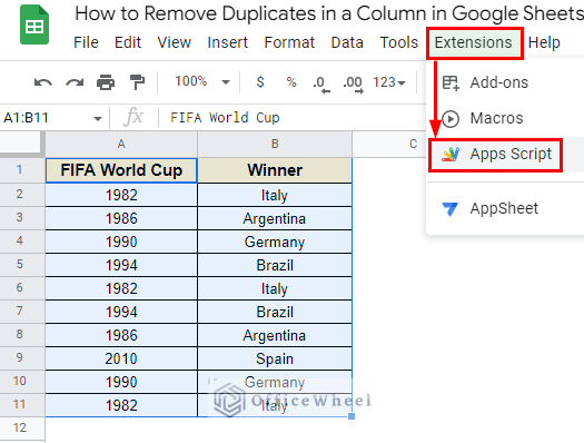 Assigning Google Apps Script to Remove Duplicates in a Column in Google Sheets