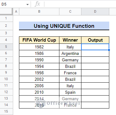 Applying UNIQUE Function to Remove Duplicates in a Column in Google Sheets