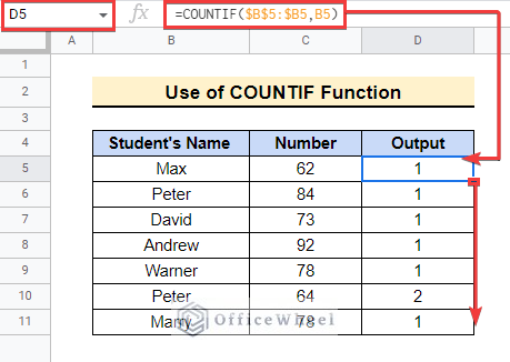 Applying COUNTIF Function to remove duplicates in google sheets