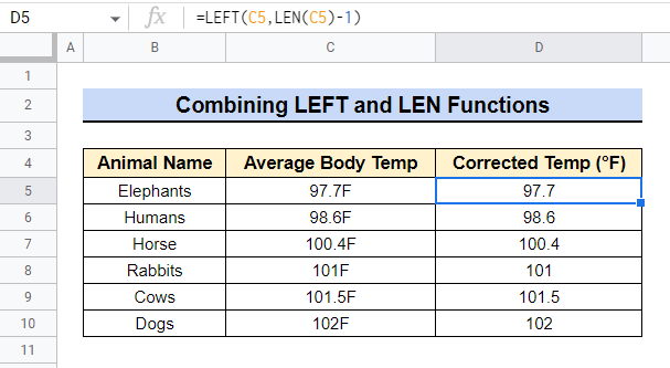 Combining the LEFT & LEN Functions, Last Character is Removed in Google Sheets