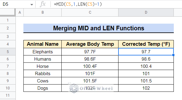 Combining the MID & LEN Functions, the Last Character is Removed in Google Sheets