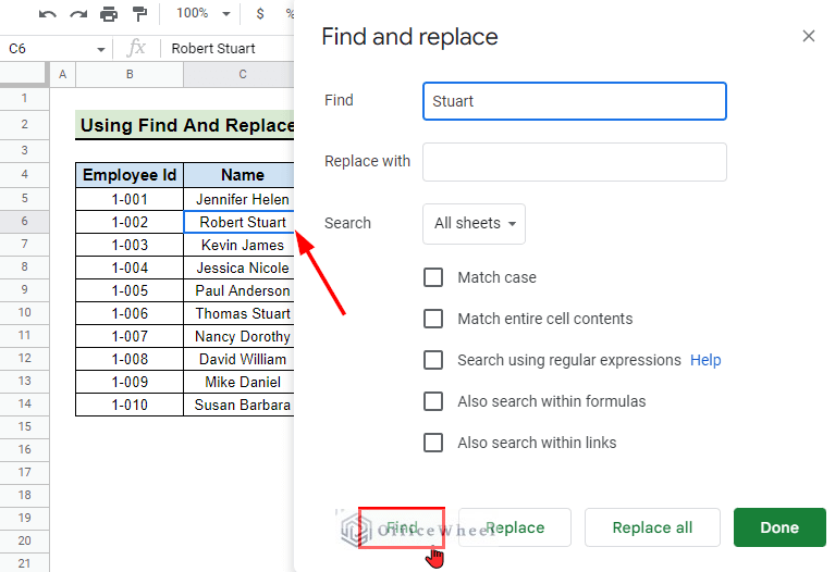 search results after pressing find for how to Search in All Sheets in Google Sheets