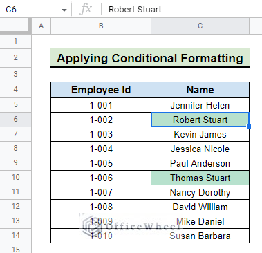 search results after highlighting with conditional formatting to Search in All Sheets in Google Sheets