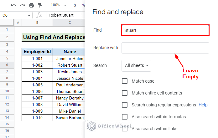 input text to find with find and replace for search results after searching with find tool