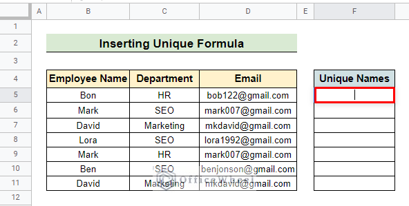 Use unique function for searching duplicates in Google sheets
