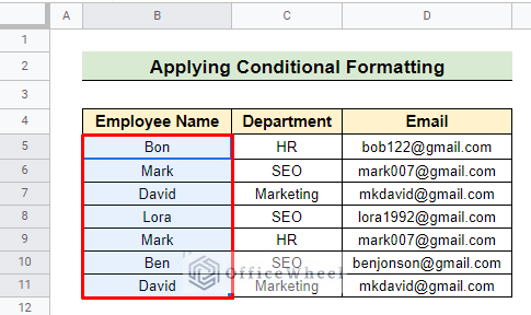 conditional formatting for single column to search for duplicates from google sheets