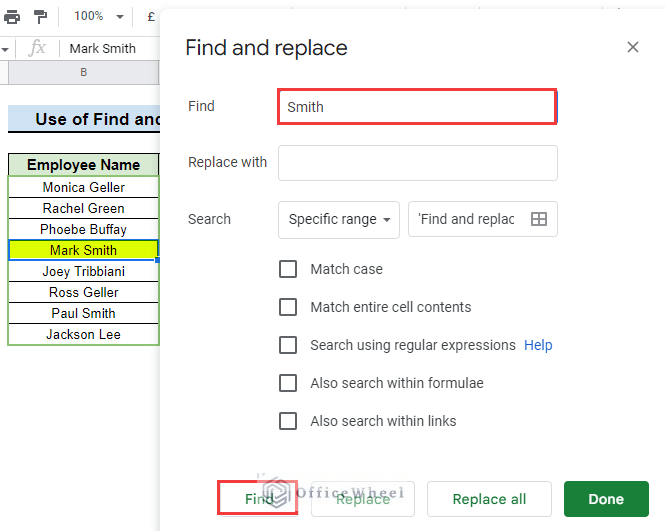 search in column using Find and replace feature