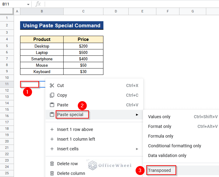 Using Paste Special Command to Transpose with Formatting in Google Sheets