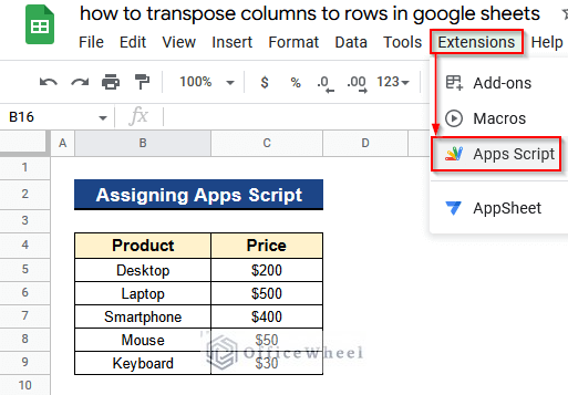Assigning Apps Script to Transpose Columns to Rows in Google Sheets
