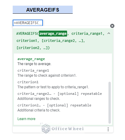 AVERAGEIFS function syntax for how to use averageifs in google sheets