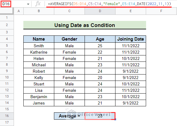 final result after using AVERAGEIFS in Google Sheets with date as a condition