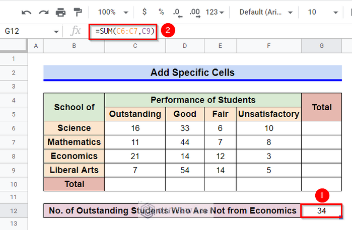 Apply SUM Function to Add Specific Cells in Google Sheets