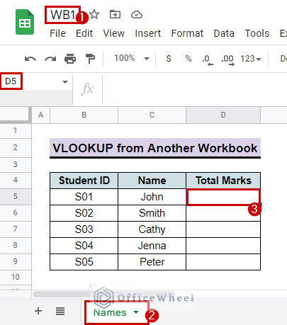 first worksheet for how to vlookup from another workbook in google sheets