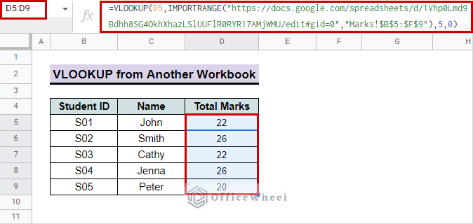 final outlook after data import using vlookup from another workbook