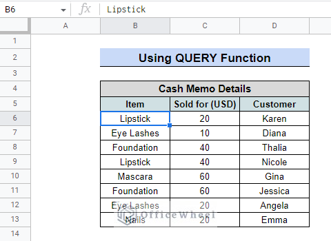 use of query function to merge duplicate rows in google sheets