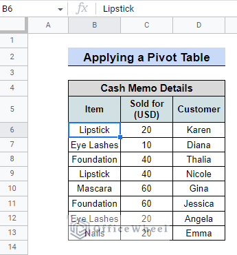 application of pivot table to merge duplicate rows in google sheet