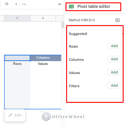 pivot table editor window in google sheet