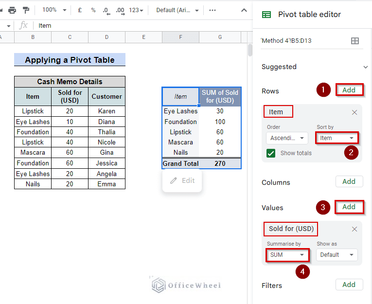 demonstration of how to use pivot table to merge duplicate rows in google sheet 