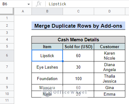 merge duplicate rows by add-ons final output