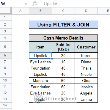 merge duplicate rows in google sheets with unique, join and filter formula