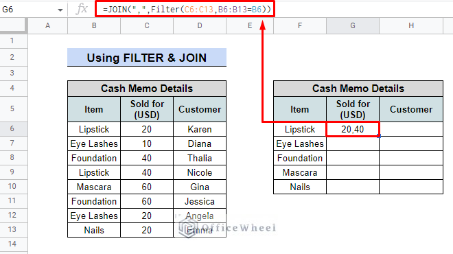 use of filter and join formula in numerical value for merging duplicates