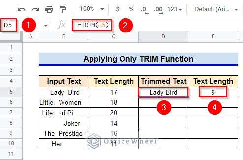 Input Cell Reference to use TRIM function in Google Sheets