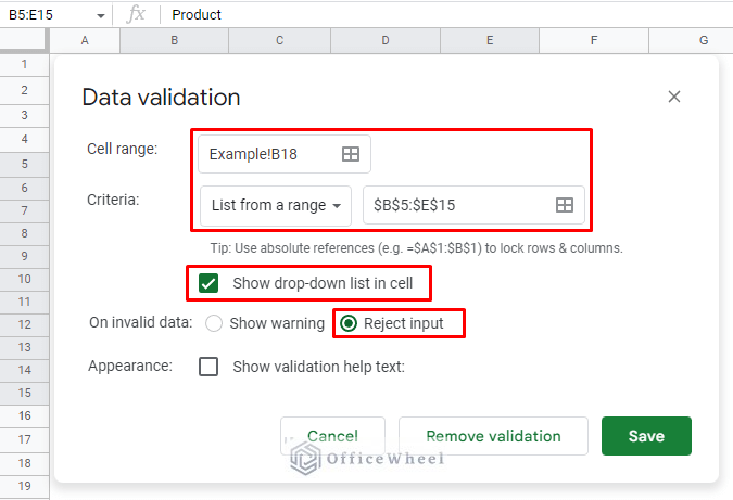 setting parameters for data validation criteria