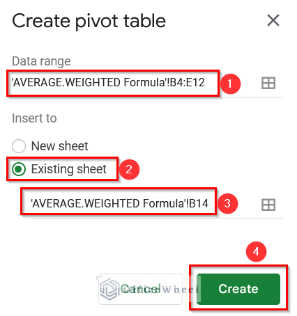 Using AVERAGE.WEIGHTED Formula to Calculate Weighted Average Using Pivot Table in Google Sheets