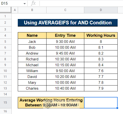 Using AVERAGEIFS Function between Two Times for AND Condition in Google Sheets