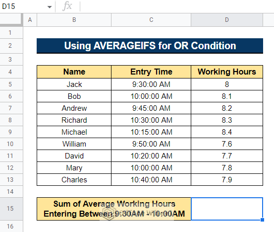 Using AVERAGEIFS Function between Two Times for OR Condition in Google Sheets