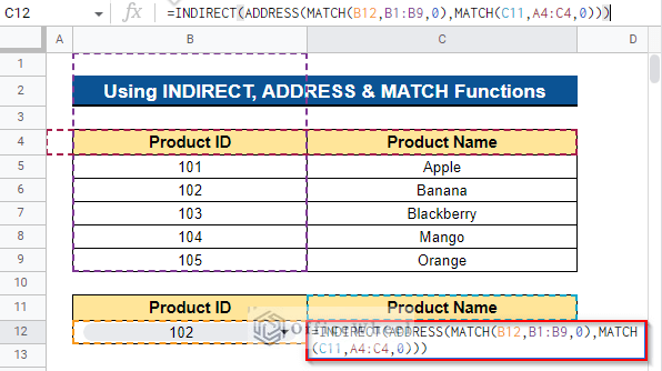 Using INDIRECT, ADDRESS & MATCH Functions as an Alternative to VLOOKUP in Google Sheets