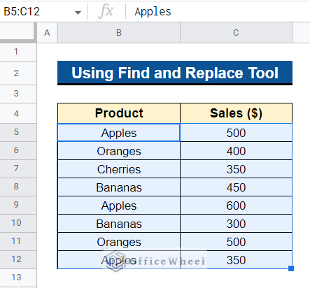 Using Find and Replace Tool to Search for Text in Range in Google Sheets