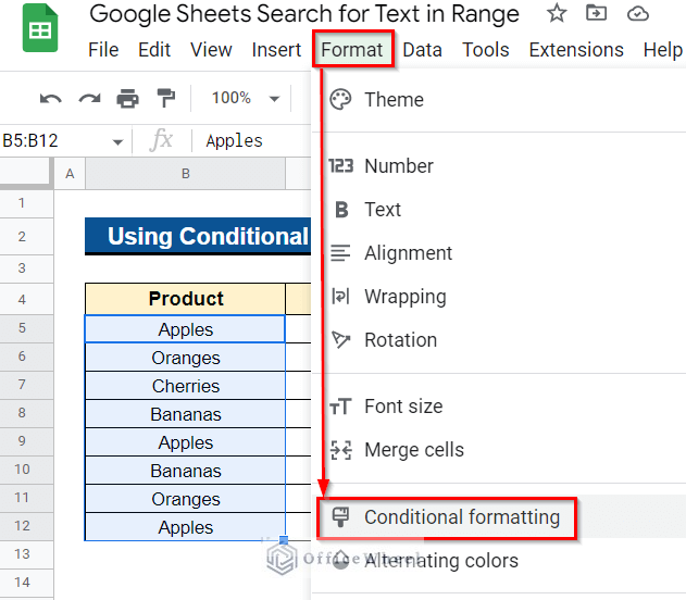 Applying Conditional Formatting to Search for Text in Range in Google Sheets