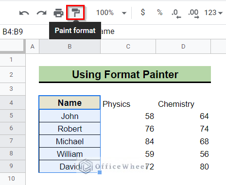 Applying Format Painter to Copy and Paste Formatting in Google Sheets
