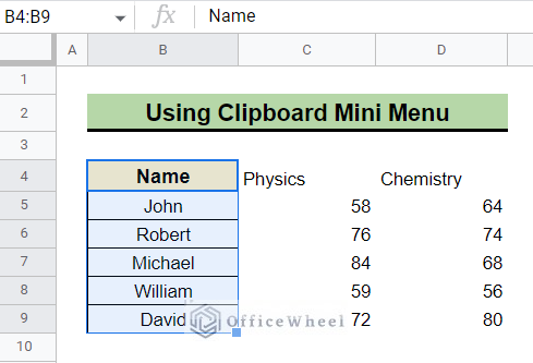 Using Clipboard Mini Menu to Copy and Paste Formatting in Google Sheets