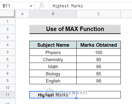 MAX Function in Google Sheets