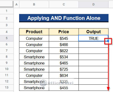Applying AND Function Alone in Google Sheets