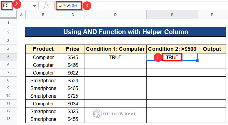 Using AND Function with Helper Column in Google Sheets