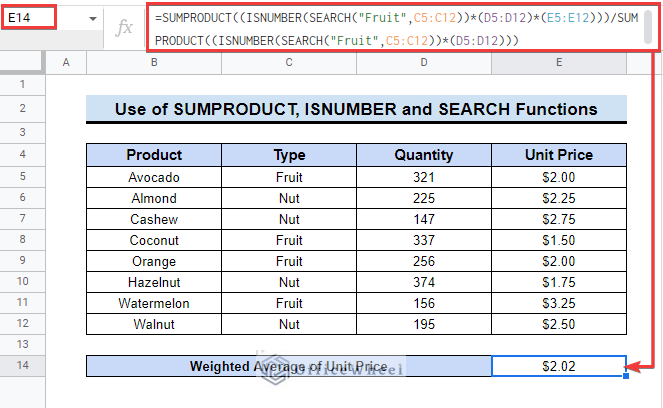 Using SUMPRODUCT, ISNUMBER, and SEARCH Functions