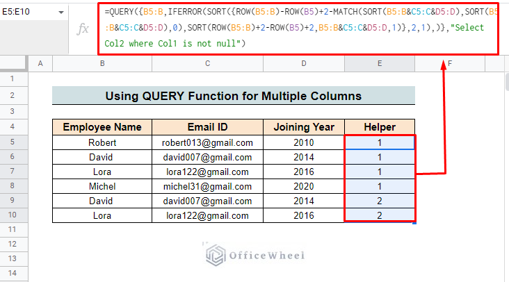 query formula for multiple columns in google sheets