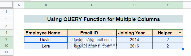 using query formula to filter duplicates in google sheets