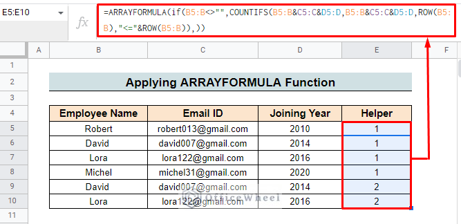 arrayformula function to filter duplicates from multiple columns