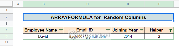 apply arrayformula function to filter duplicates from random columns in google sheets